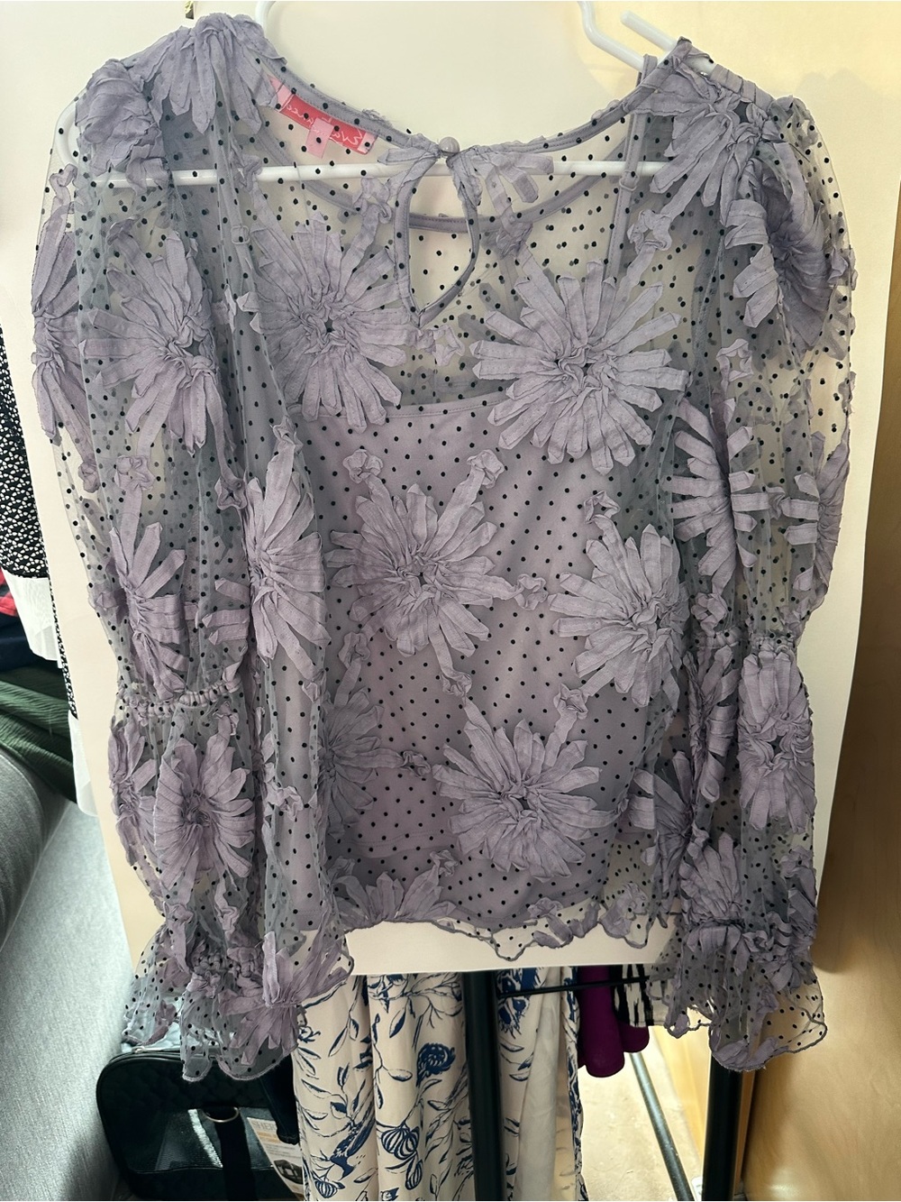 Eva Franco Lavender Polka Dot Sheer Floral Statement Top